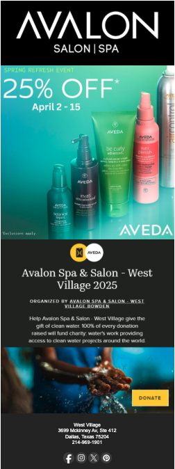 Promotional image for Avalon Salon Spa event with 25% discount on Aveda products. Event details include date, location, and contact information.
